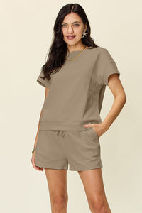 Double Take Full Size Texture Short Sleeve T-Shirt and Drawstring Shorts Set Trandify deal