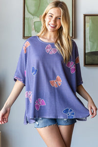 HOPELY Bow Print Waffle Side Slit T-Shirt Trandify Deal