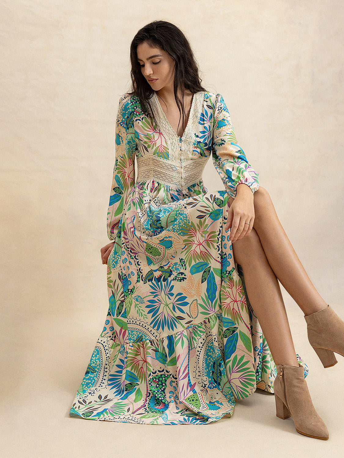 Slit Printed V-Neck Long Sleeve Midi Dress Trandify Deal