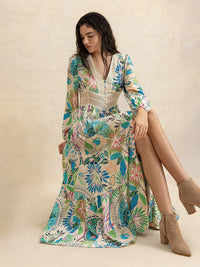 Slit Printed V-Neck Long Sleeve Midi Dress Trandify Deal
