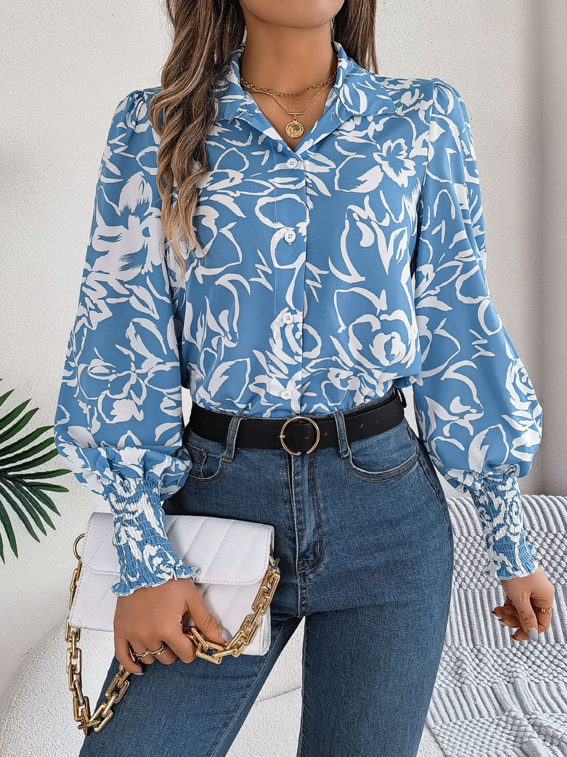 Printed Collared Neck Lantern Sleeve Shirt Trandify deal