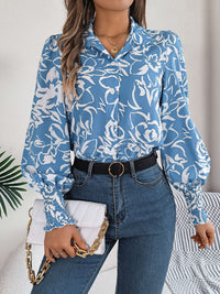 Printed Collared Neck Lantern Sleeve Shirt Trandify deal