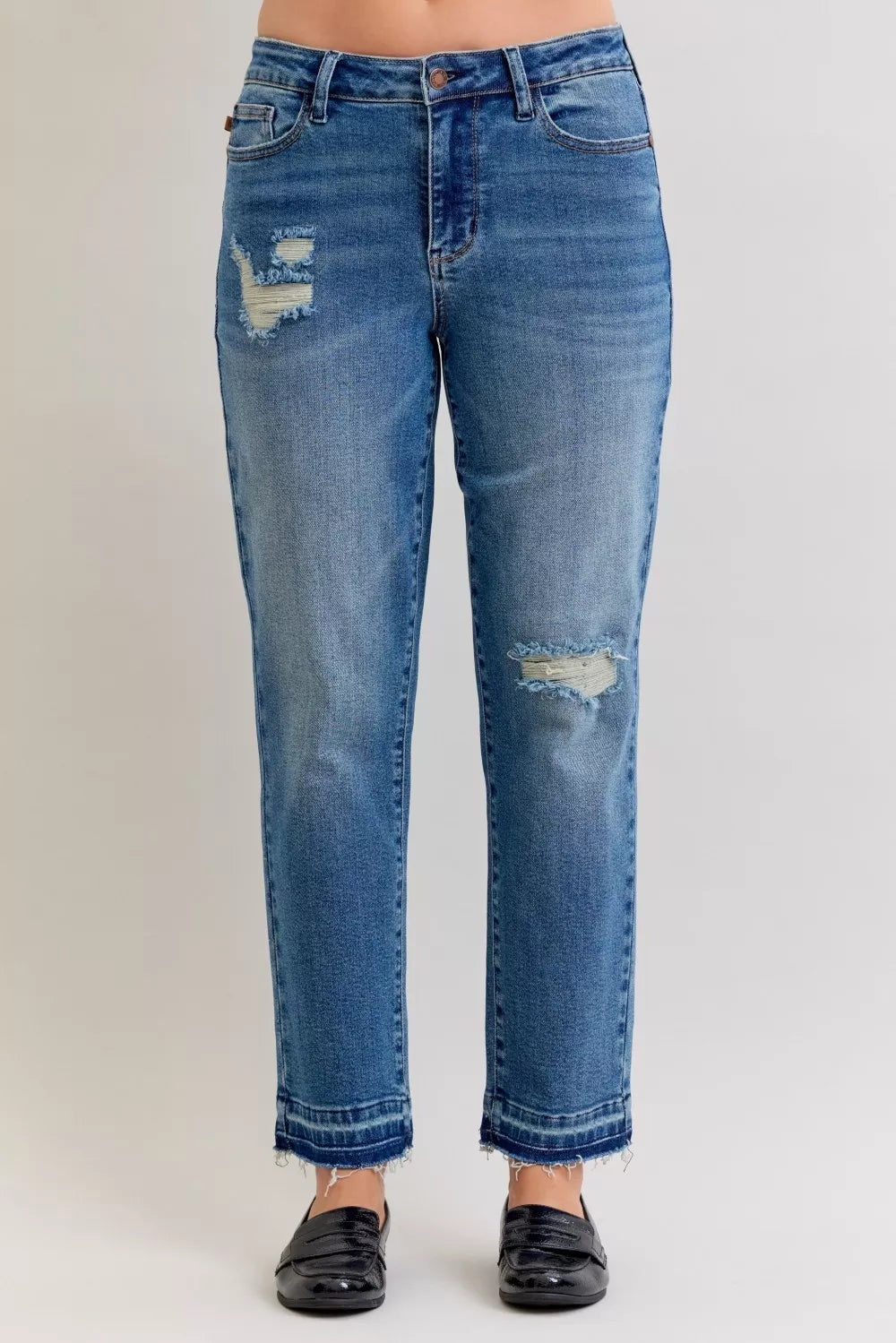 Women's Distressed Jeans | Mid Rise Patch & Repair Boyfriend Fit