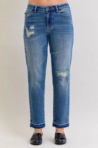Women's Distressed Jeans | Mid Rise Patch & Repair Boyfriend Fit