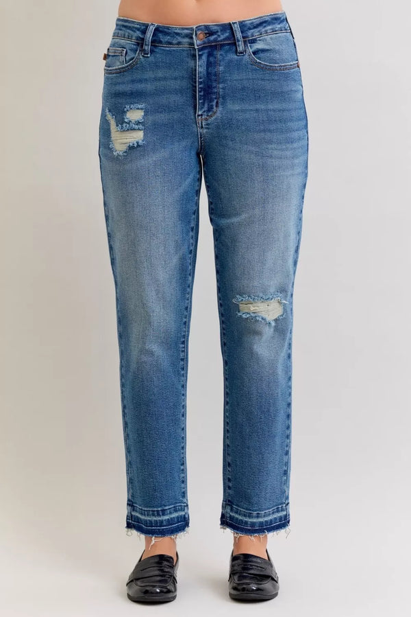 Women's Distressed Jeans | Mid Rise Patch & Repair Boyfriend Fit