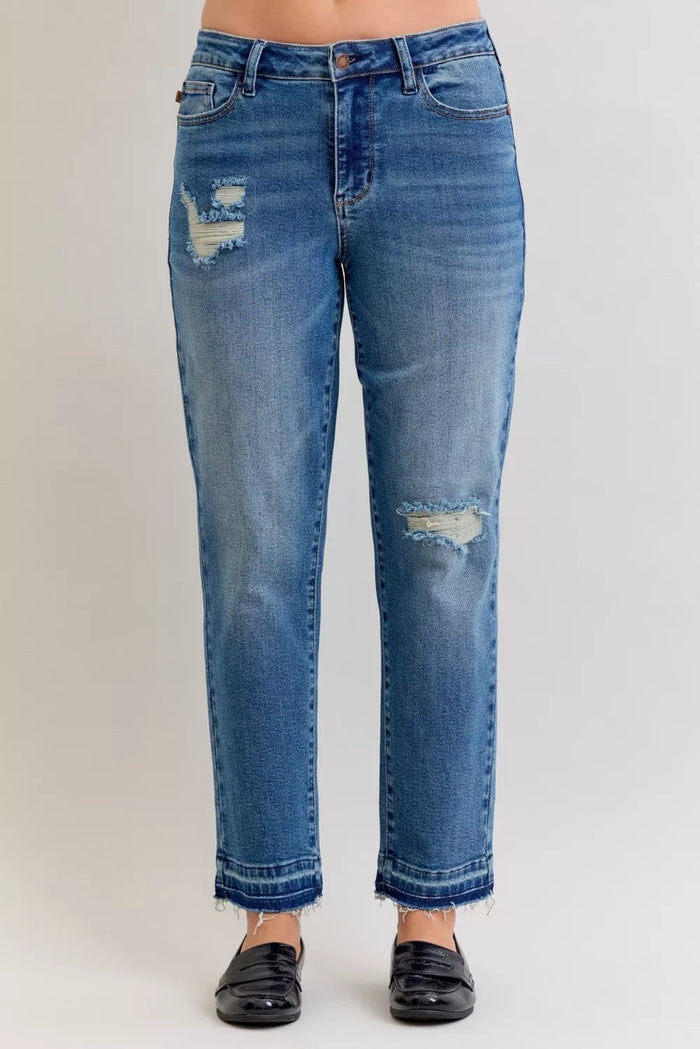 Women's Distressed Jeans | Mid Rise Patch & Repair Boyfriend Fit