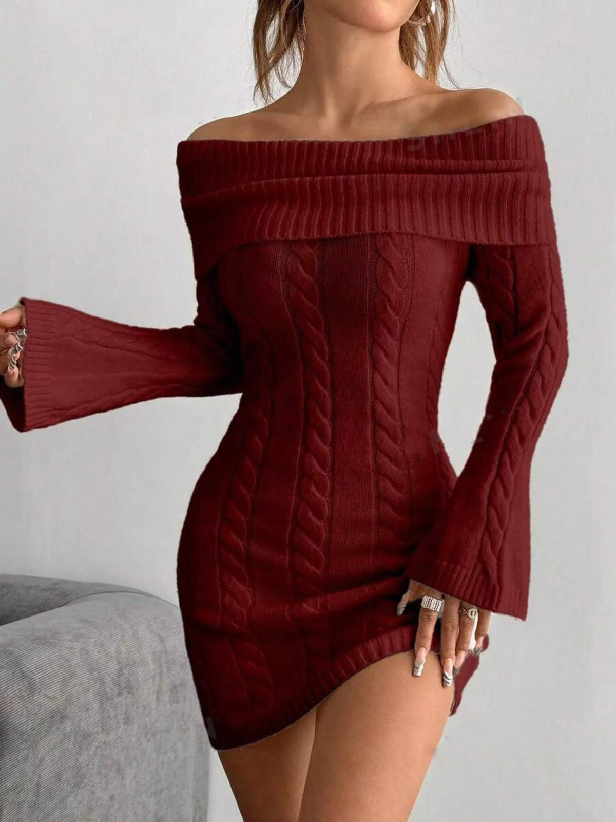 Off-Shoulder Cable Knit Sweater Dress