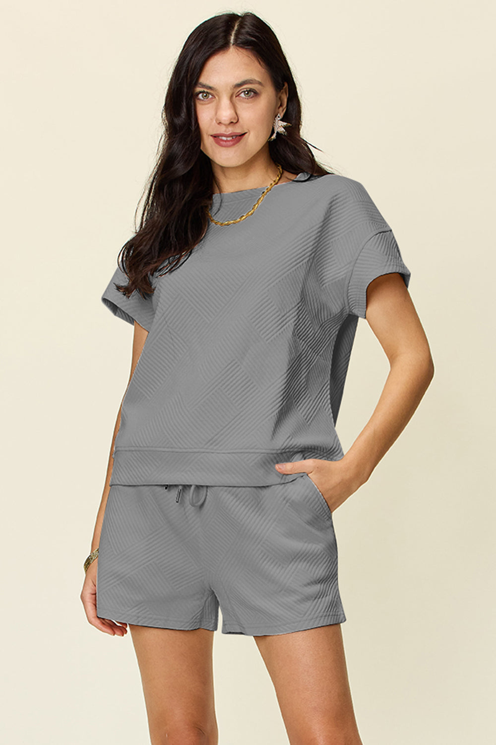 Double Take Full Size Texture Short Sleeve T-Shirt and Drawstring Shorts Set Trandify deal