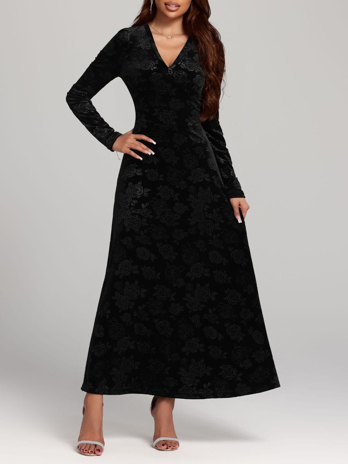 Rose Print V-Neck Long Sleeve Dress Trandify Deal