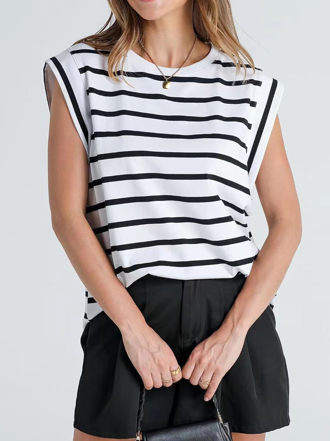 Striped Round Neck Cap Sleeve T-Shirt Trandify deal