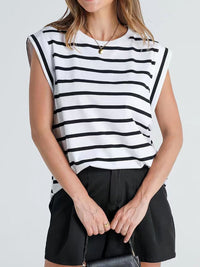 Striped Round Neck Cap Sleeve T-Shirt Trandify deal