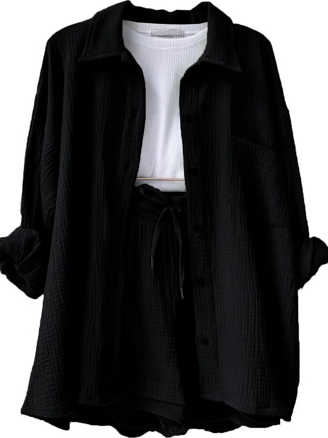 Texture Button Up Shirt and Drawstring Shorts Set Trandify deal