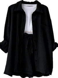 Texture Button Up Shirt and Drawstring Shorts Set Trandify deal