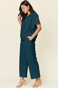 Double Take Full Size Texture Half Zip Short Sleeve Top and Pants Set Trandify Deal