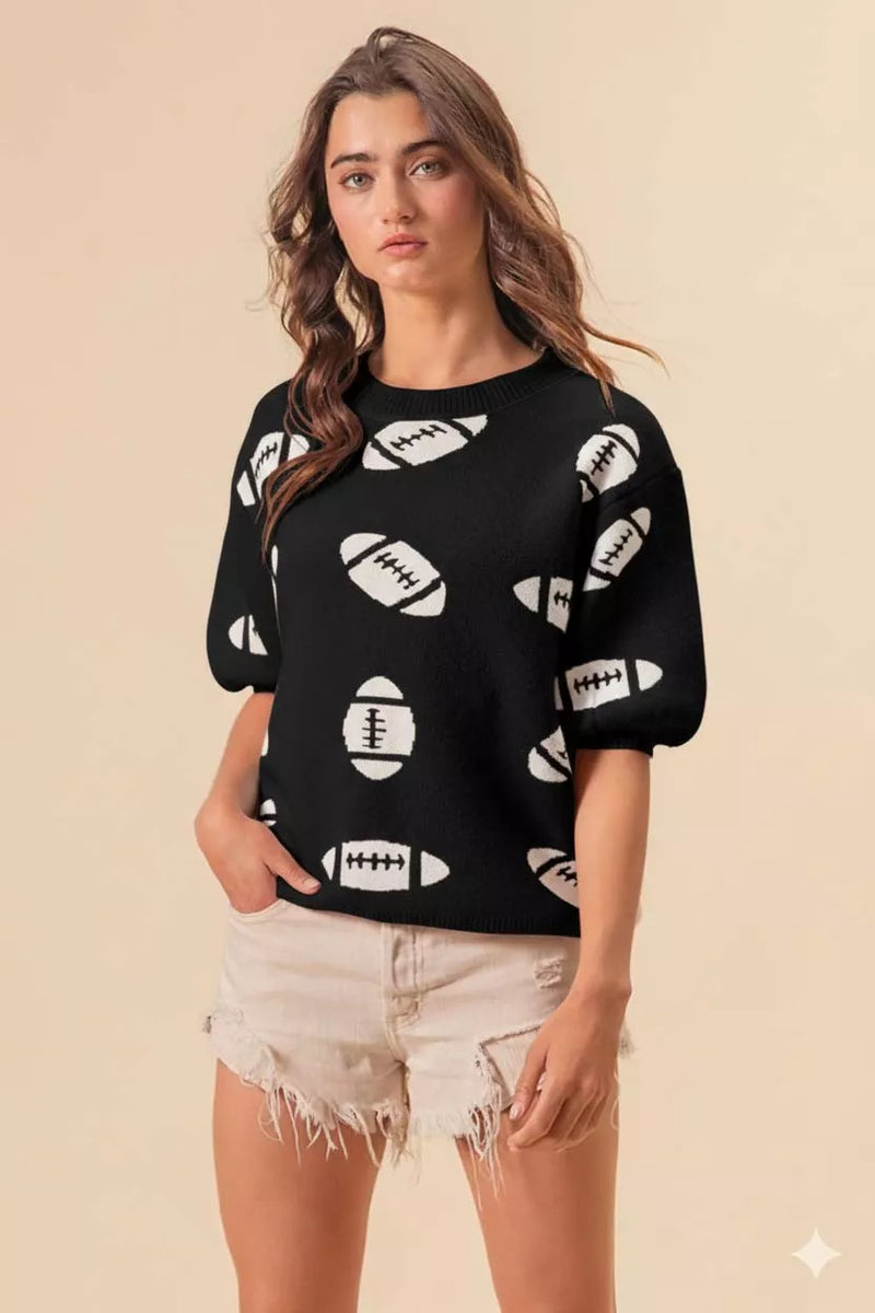Oversized Football Sweater for Women - Vintage white and black striped pullover on model