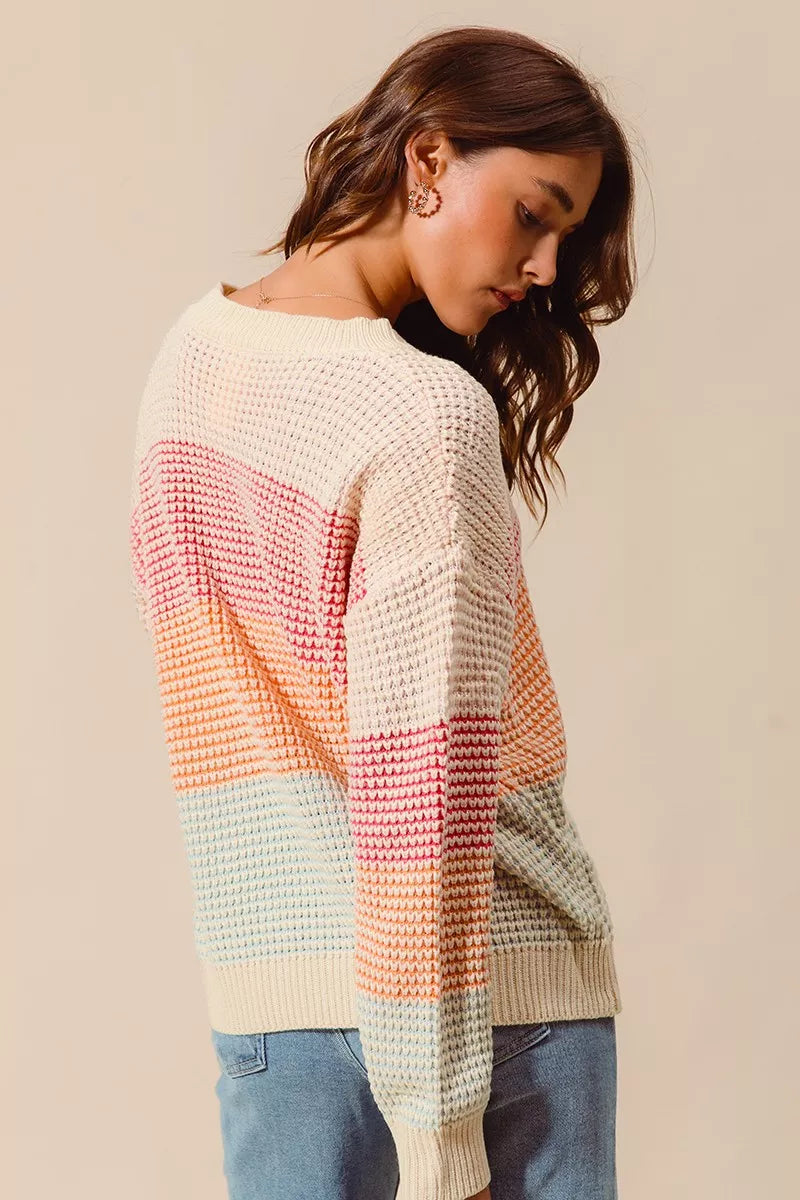 Color Block Waffle Knit Sweater - Women's Long Sleeve Top