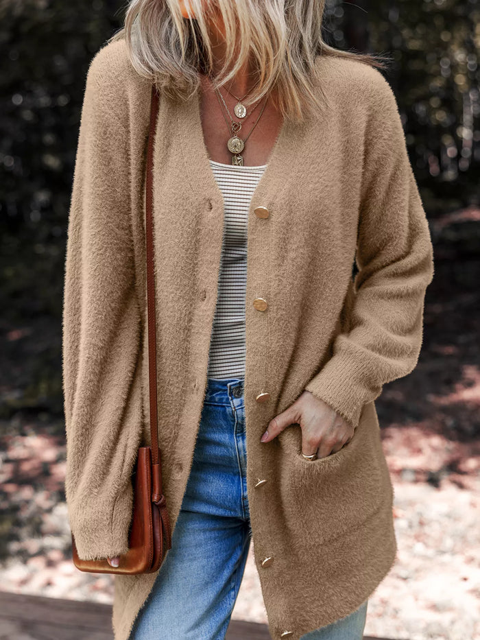 Women's Fuzzy Button Front Cardigan with Pockets - Cozy & Cute