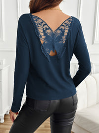 Lace Detail Butterfly Back Round Neck Long Sleeve T-Shirt Trandify Deal