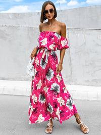 Pleated Floral Off-Shoulder Short Sleeve Midi Dress Trandify deal