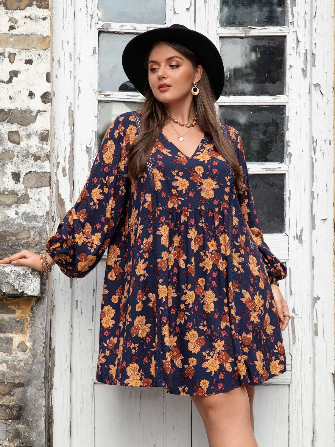 Plus Size Floral V-Neck Balloon Sleeve Dress Trandify deal