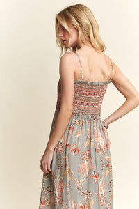 ADORA Smocked Printed Square Neck Tie Shoulder Cami Dress Trandify Deal