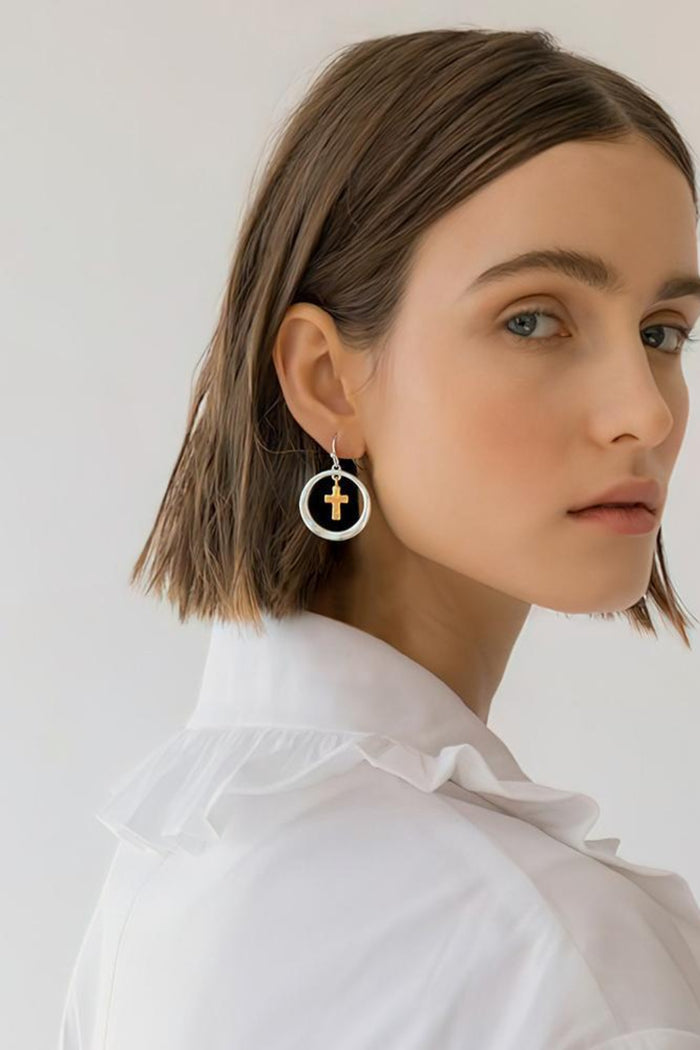 Brass Contrast Cross Dangle Earrings - Stylish and elegant statement earrings for women, perfect for adding a bold touch to any outfit. Shop now at TrandifyDeal.