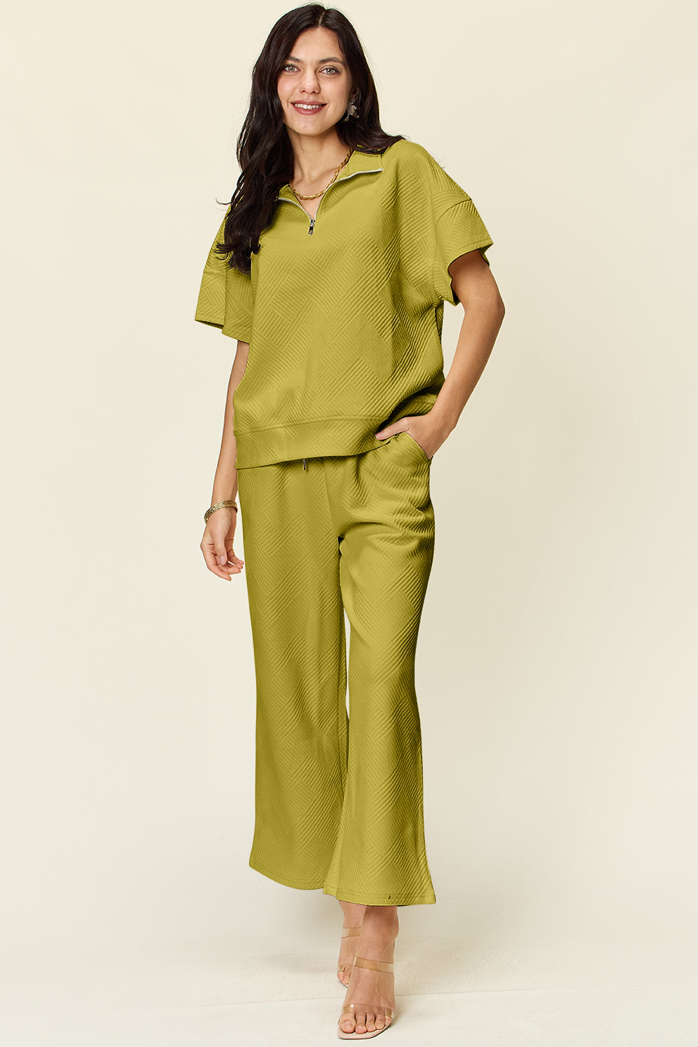 Double Take Full Size Texture Half Zip Short Sleeve Top and Pants Set Trandify Deal