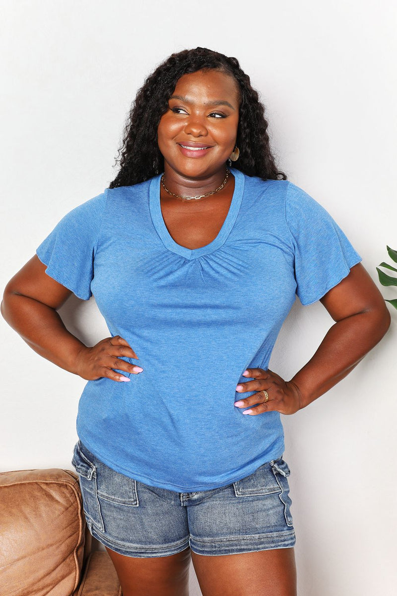 Double Take Ruched V-Neck Short Sleeve T-Shirt Trandify deal