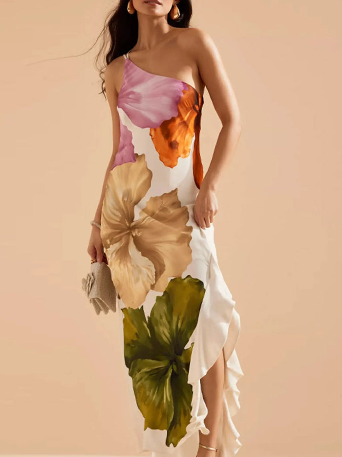 Floral Print Single Shoulder Maxi Dress for Women – Boho Summer Long Dress with Side Slit