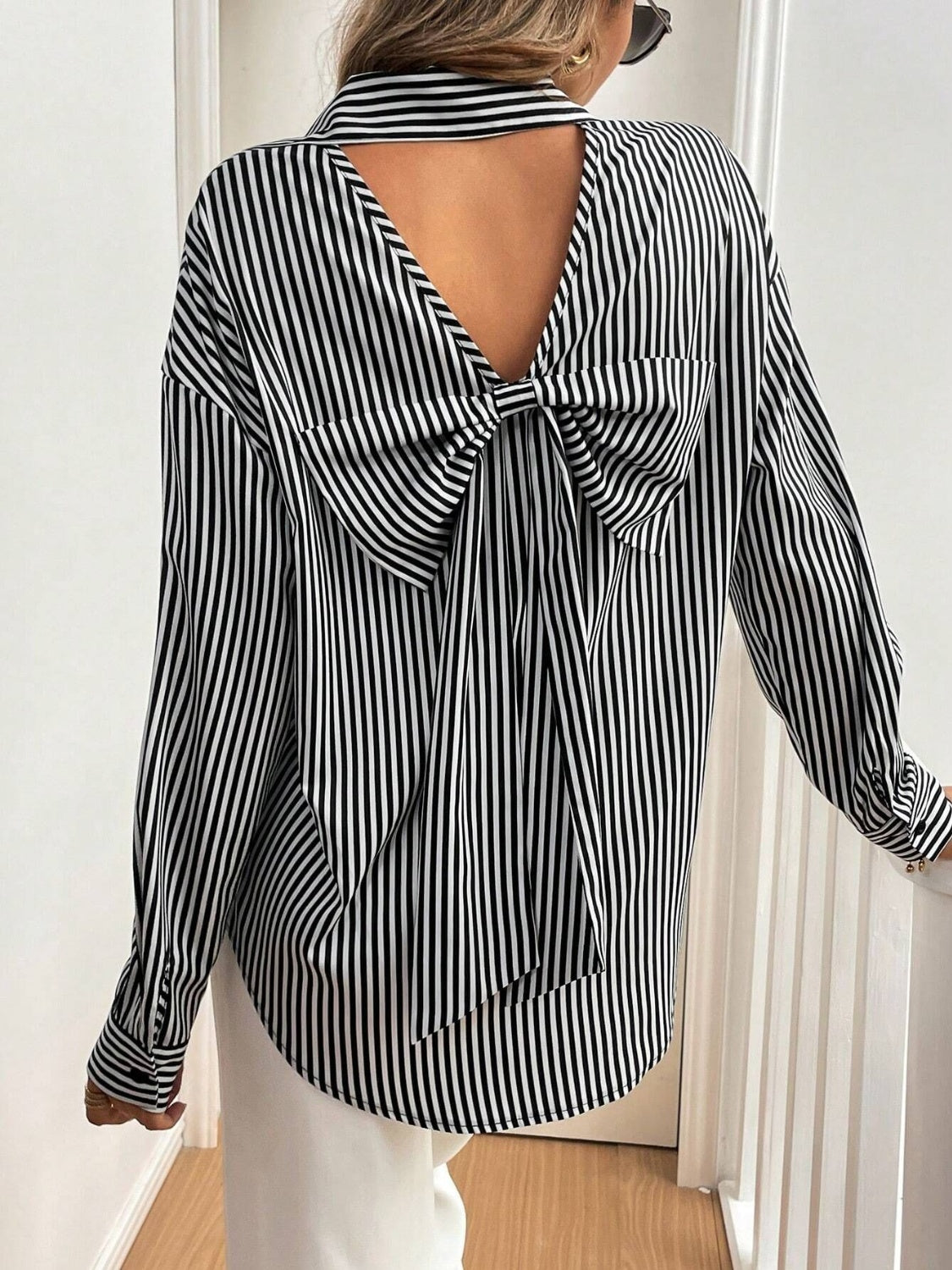 Cutout Bow Back Striped Collared Neck Long Sleeve Shirt Trandify Deal