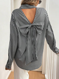 Cutout Bow Back Striped Collared Neck Long Sleeve Shirt Trandify Deal