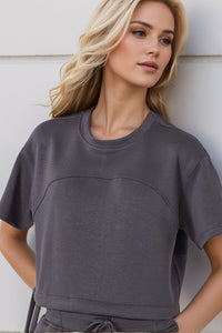 Basic Bae Drawstring Hem Air Scuba Round Neck Short Sleeve T-Shirt Trandify Deal