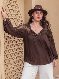 Plus Size Lace Detail Tie Neck Long Sleeve Blouse Trandify deal