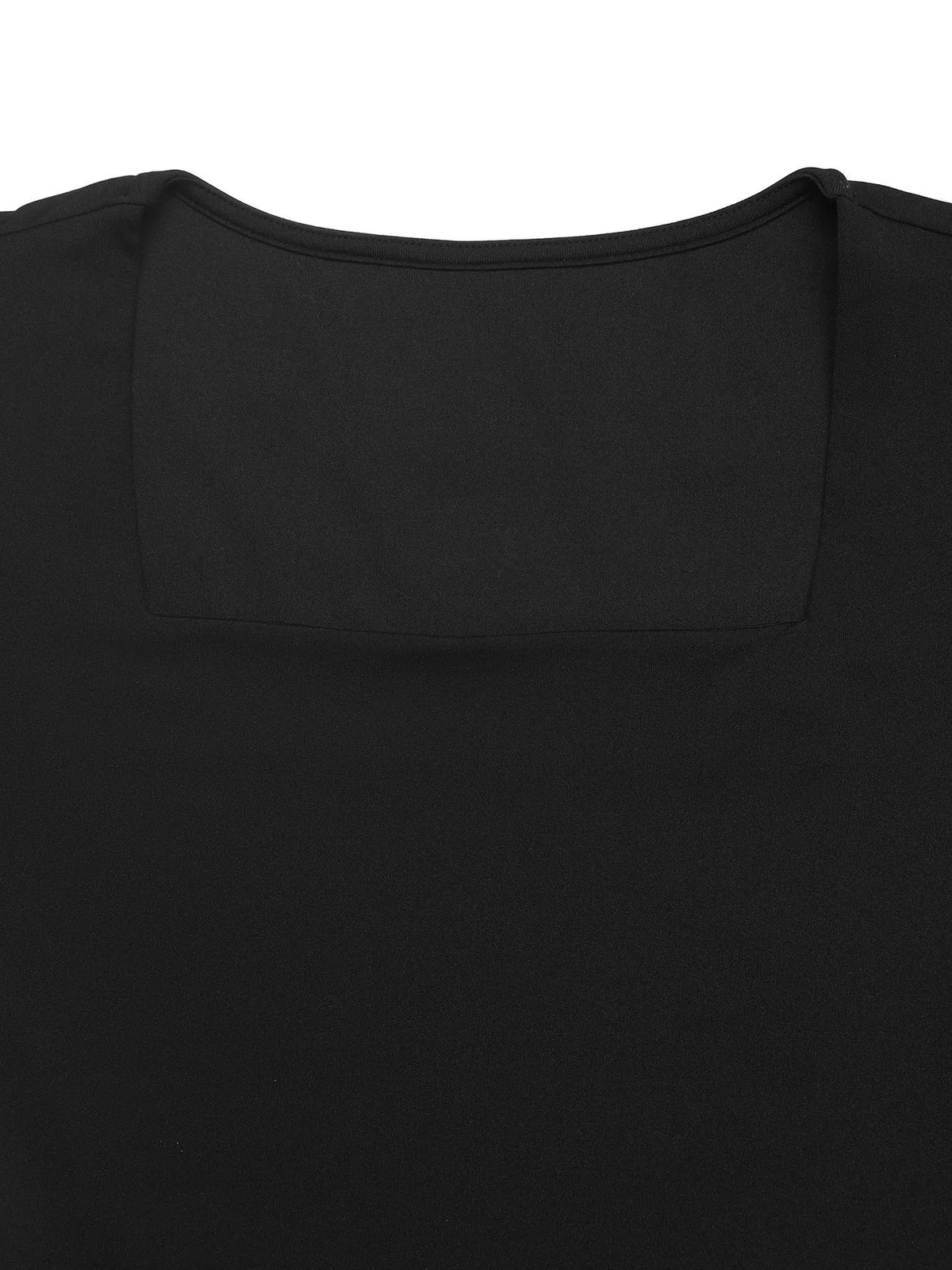 Black Square Neck Puff Sleeve Dress with Mesh Ruffle Hem