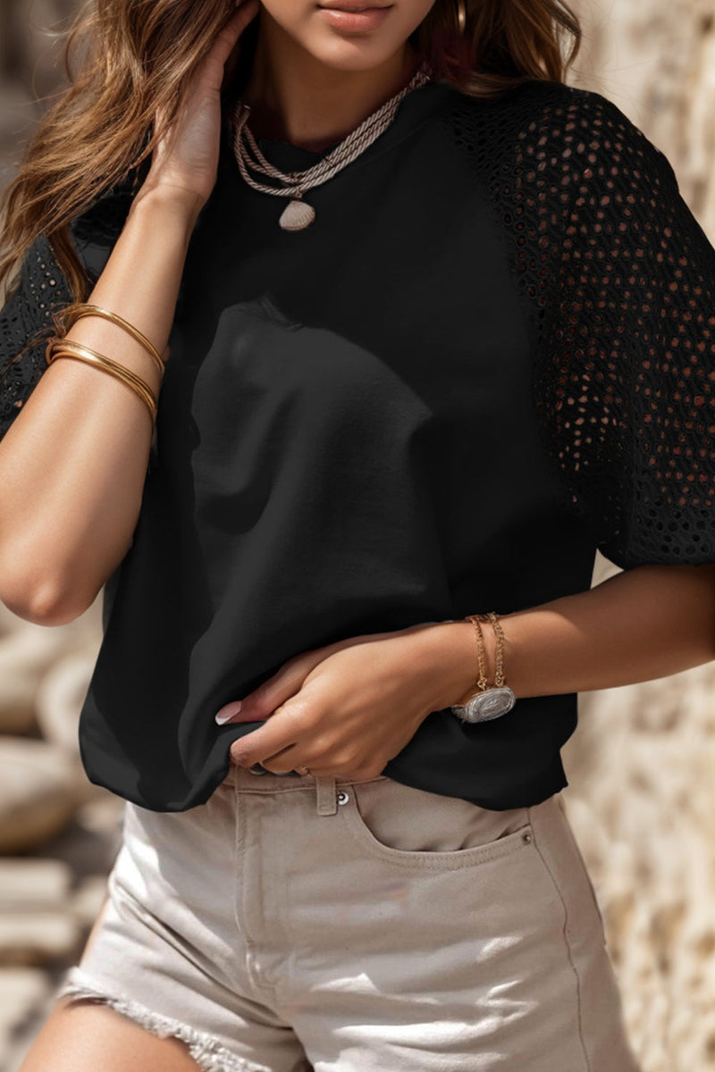 Eyelet Round Neck Half Sleeve Blouse Trandify deal