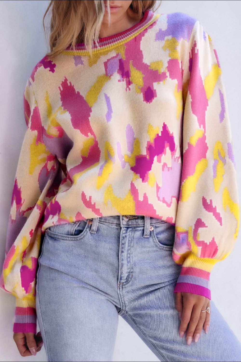Contrast Round Neck Long Sleeve Sweater Trandify deal