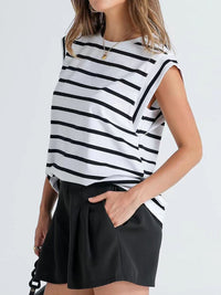 Striped Round Neck Cap Sleeve T-Shirt Trandify deal