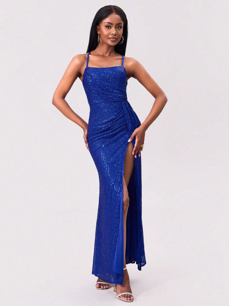 Slit Sequin Square Neck Spaghetti Strap Dress Trandify Deal