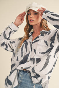 Women’s High-Low Printed Long Sleeve Shirt – Trendy Button-Up Blouse