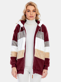 Full Size Drawstring Color Block Zip Up Hooded Outerwear Trandify Deal