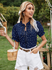 Heart Print Tie Neck Short Sleeve Blouse Trandify deal