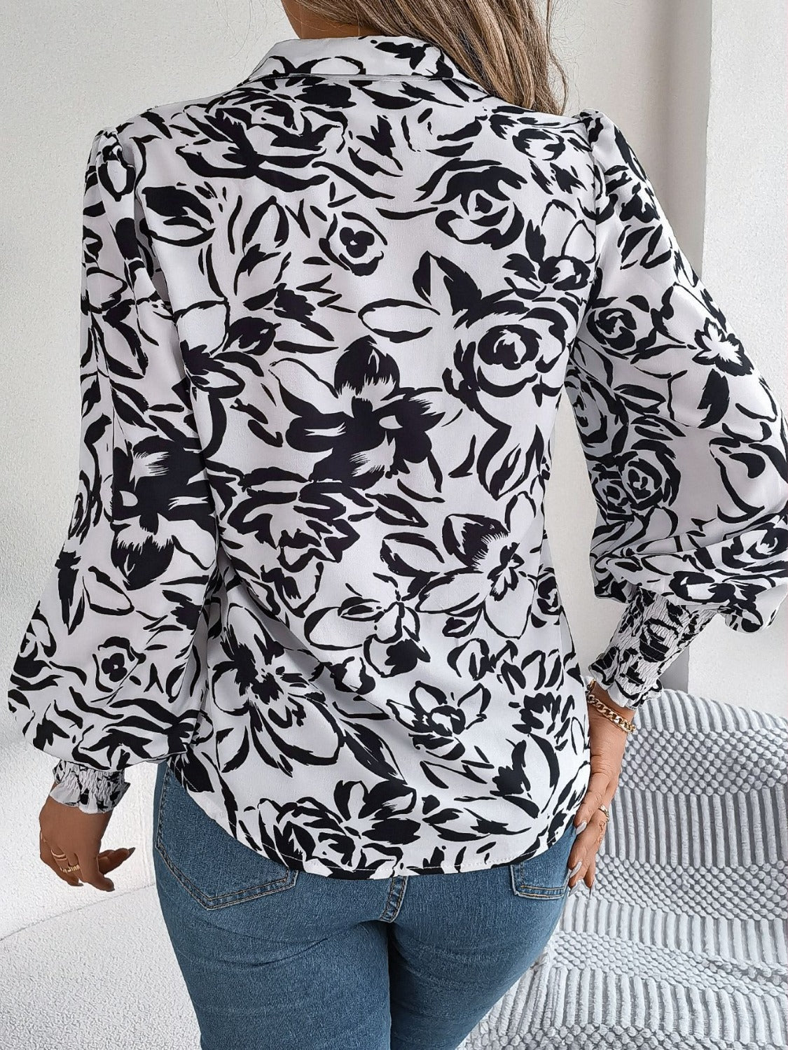 Printed Collared Neck Lantern Sleeve Shirt Trandify deal