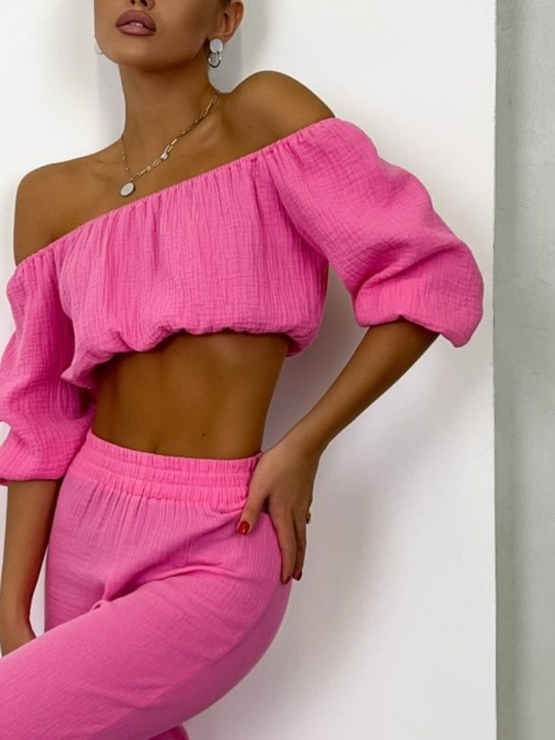 Off Shoulder Long Sleeve Top and Pants Set Trandify deal