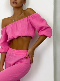 Off Shoulder Long Sleeve Top and Pants Set Trandify deal