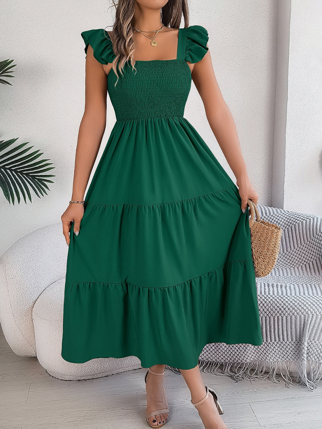 Smocked Square Neck Cap Sleeve Midi Dress Trandify deal