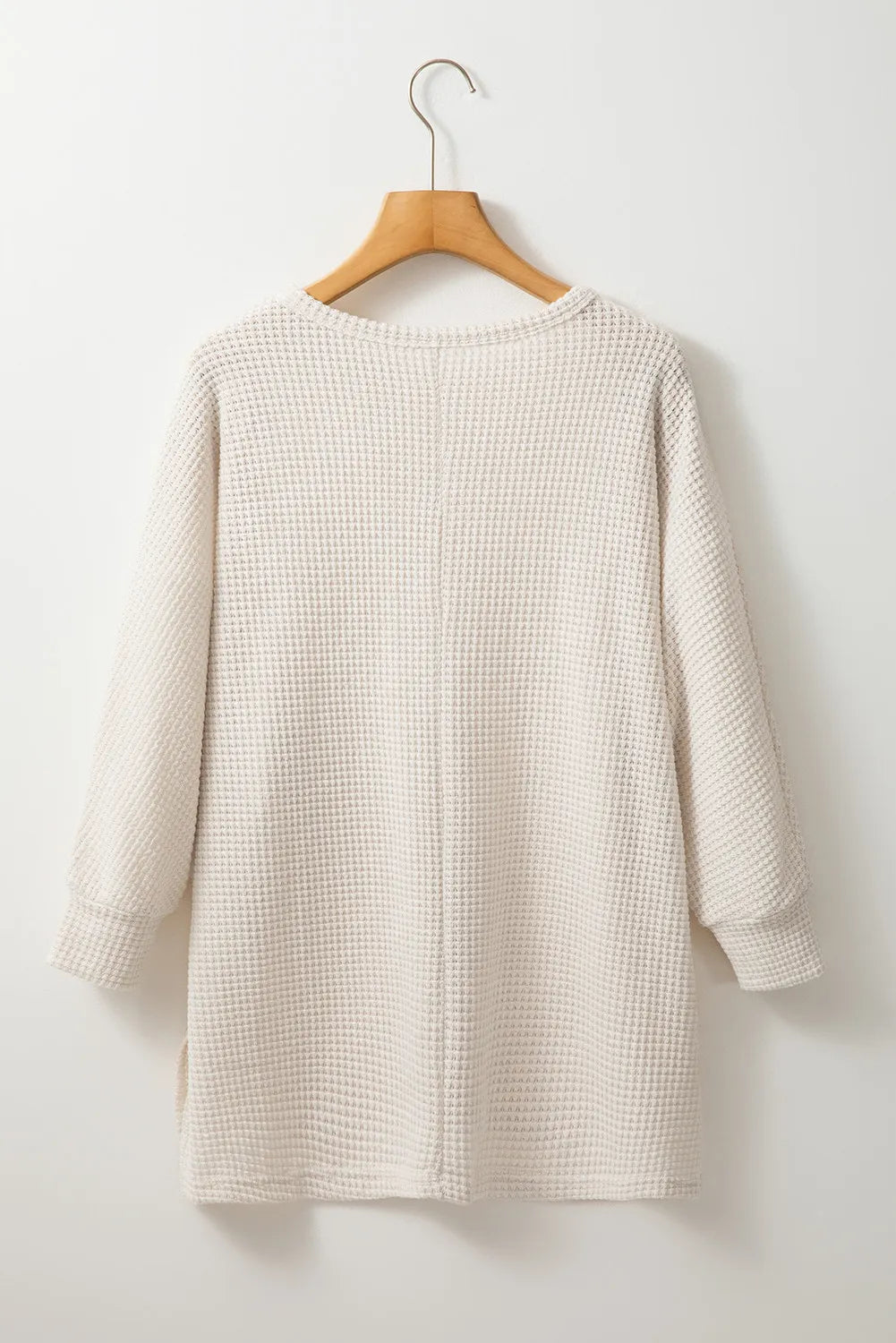 Waffle-Knit Slit Round Neck Long Sleeve Top - Trandify Deal