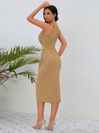 Slit Ruched Mock Neck Sleeveless Dress Trandify deal
