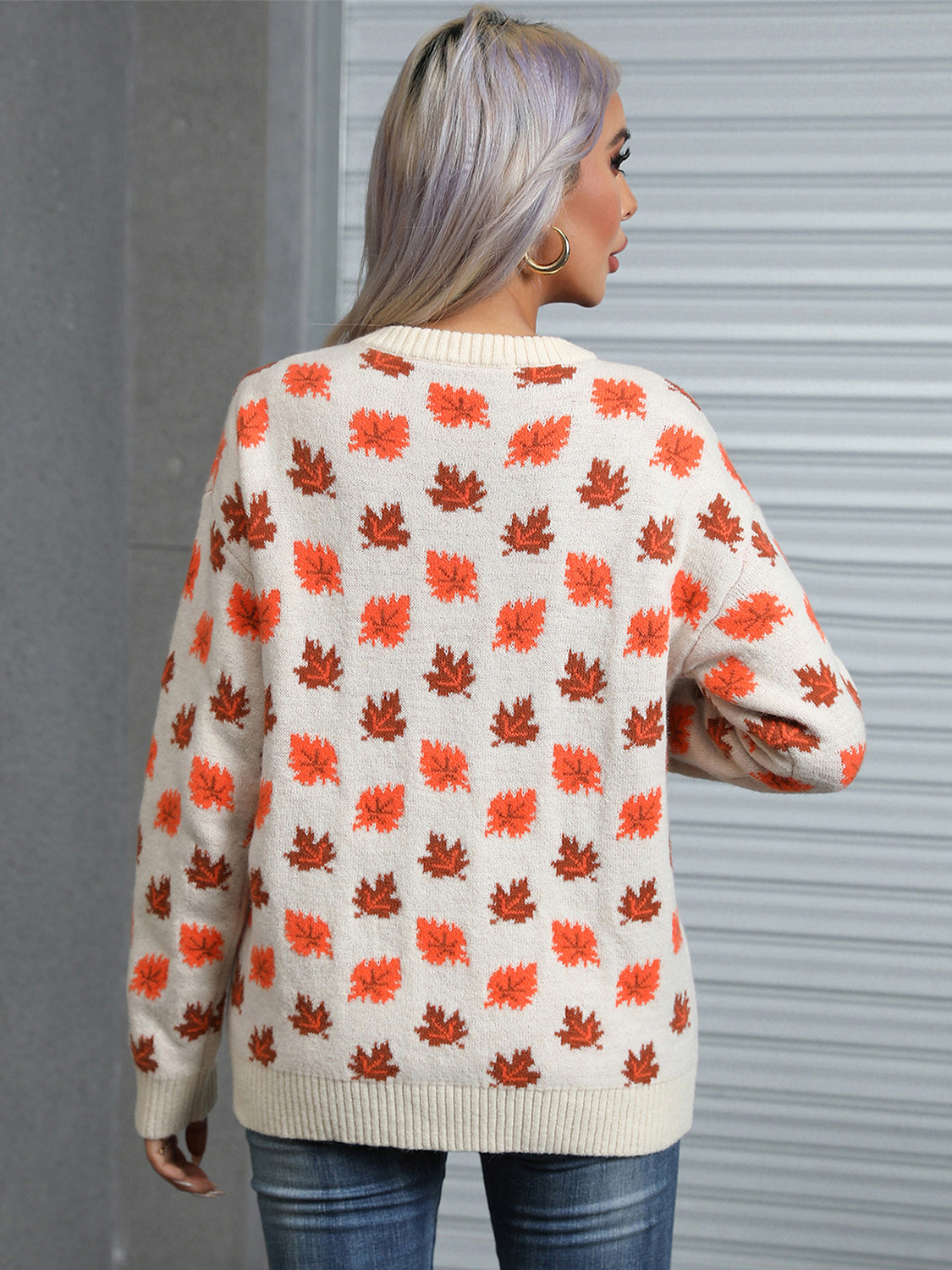 Angel Wings Maple Leaf Round Neck Long Sleeve Sweater Trandify Deal