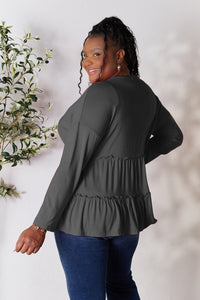 Double Take Half Button Long Sleeve Ruffle Hem Blouse Trandify Deal