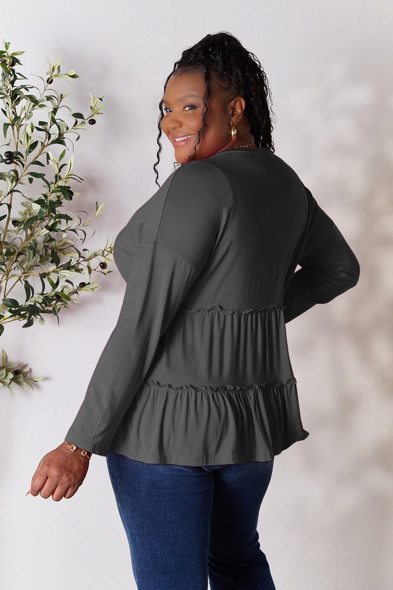 Double Take Half Button Long Sleeve Ruffle Hem Blouse Trandify Deal
